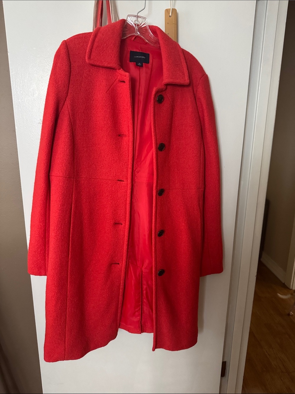 Lands' End Women's Bright Red Wool-Blend Single-Breasted Pea Coat EUC
